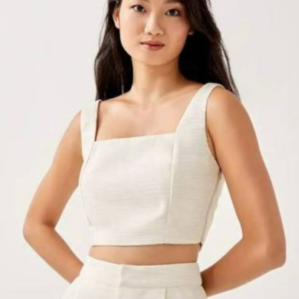 NWT Savannah Morrow Women's Crop Tops White Textured Tweed Square Neck Size XS